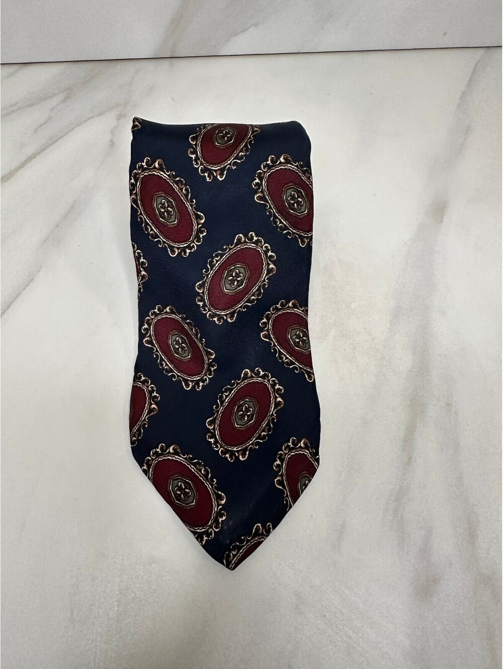 Vintage Christian Dior navy burgundy medallion 100% silk tie quiet luxury